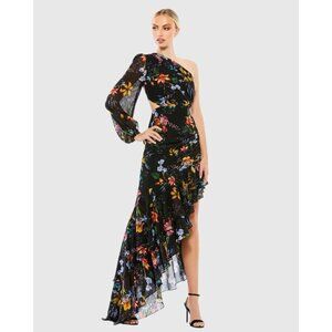 New Mac Duggal Size 0 Black 55668 Floral One Shoulder Cut Out Cocktail Gown